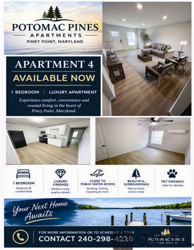 A flyer for Potomac Pines Apartments in Piney Point, Maryland, advertising Apartment 4 as a luxury apartment with one bedroom, luxury finishes, close to public water access, and beautiful