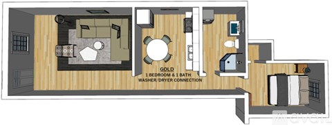 A floor plan of a home with a living room, dining room, kitchen, and bathroom.