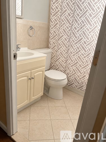 A bathroom with a toilet, sink, and shower curtain.
