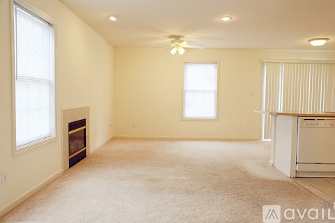 A spacious room with a carpeted floor, a fireplace, and a washer and dryer in the corner.