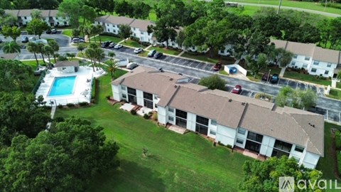 A bird's eye view of a residential area with houses and a swimming pool.