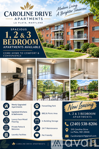 A flyer for Caroline Drive Apartments in La Plata, Maryland, advertising 1, 2, and 3 bedroom apartments with various features and contact information.