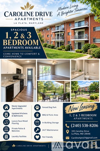 A flyer for Caroline Drive Apartments in La Plata, Maryland, advertising 1, 2, and 3 bedroom apartments with various features and contact information.