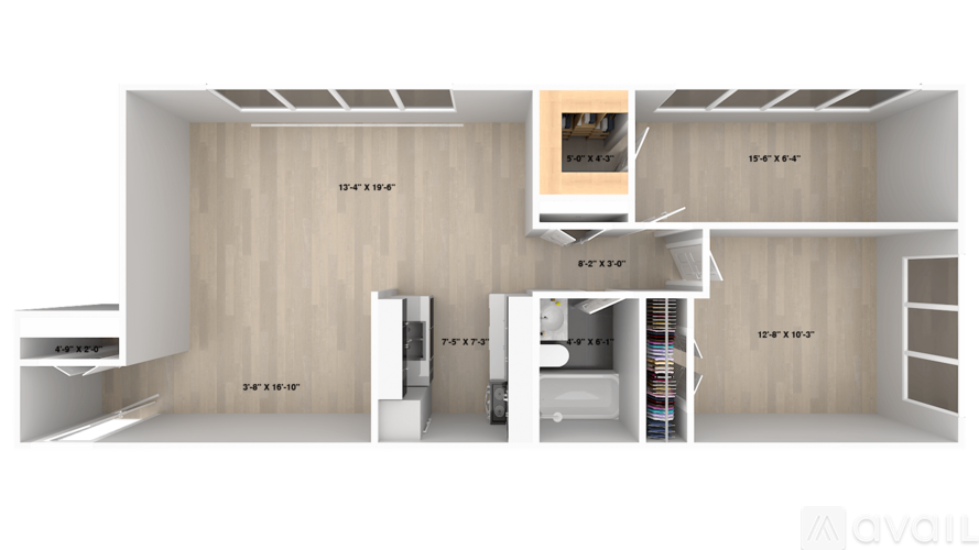 A 3D rendered image of a modern apartment layout.