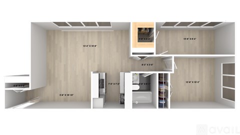 A 3D rendered image of a modern apartment layout.