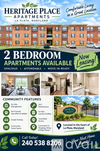 An advertisement for Heritage Place Apartments in La Plata, Maryland, showcasing 2 bedroom apartments available for lease with various community features.