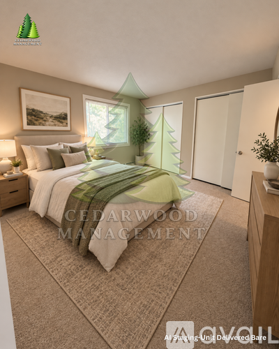 A bedroom with a bed, nightstand, and a wall-mounted picture with a green tree design.