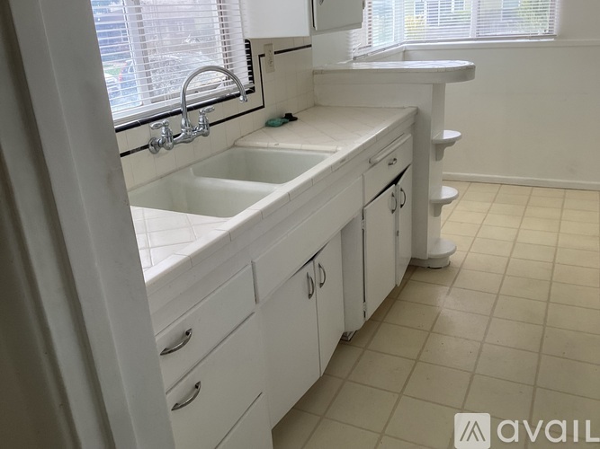 A white kitchen with a sink and cabinets.