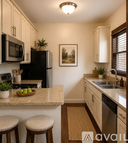A kitchen with a granite countertop and stainless steel appliances.