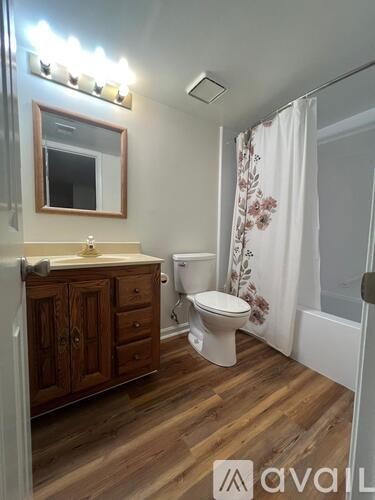 A bathroom with wooden floors and a white toilet.
