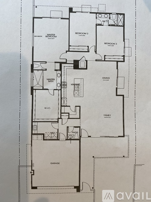 A floor plan of a house with three bedrooms, a garage, and a master bath.