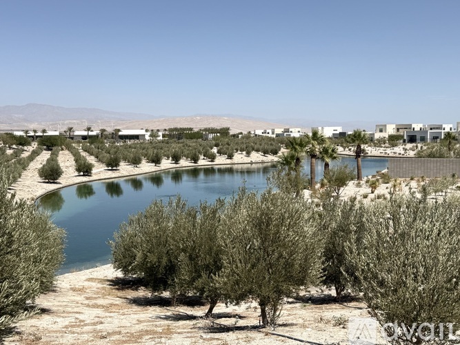 A body of water surrounded by greenery and buildings in the distance.