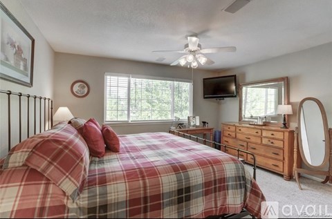 A bedroom with a bed, dresser, mirror, and television.