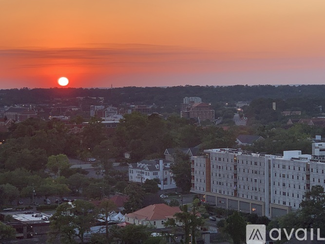 A sunset over a cityscape with buildings and trees.