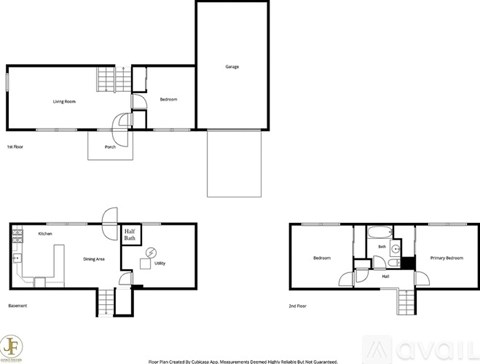 A floor plan of a house with a garage, two bedrooms, a kitchen, a bathroom, and a utility area.