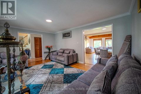 A living room with a grey sofa and a blue and white rug.