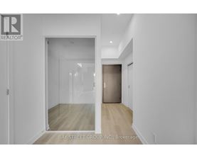 A white hallway with a glass door leading to another room.