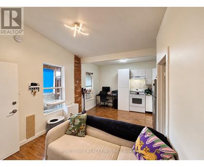 A living room with a couch and a kitchen area in the background.