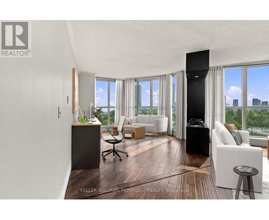 A modern living room with a view of the city.