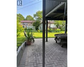 A patio with a brick walkway and a potted plant.