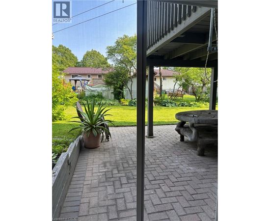 A patio with a brick walkway and a potted plant.