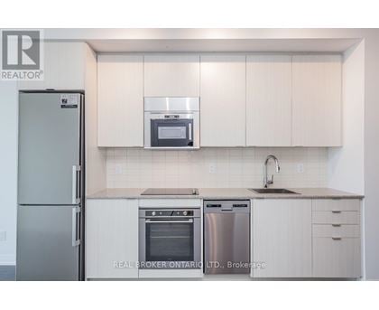 A modern kitchen with white cabinets and stainless steel appliances.