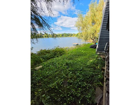A lake surrounded by greenery and a building on the right side.