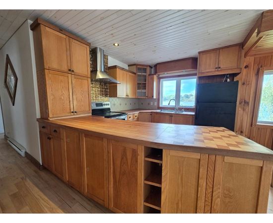A kitchen with wooden cabinets and a checkerboard countertop.