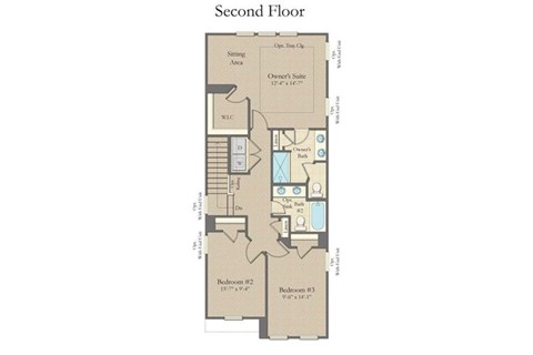 A floor plan of a second floor apartment with a bedroom, a bathroom, a living room, a dining room, a kitchen, and a string area.