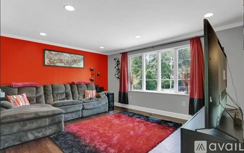 A living room with a grey sofa and a red rug.