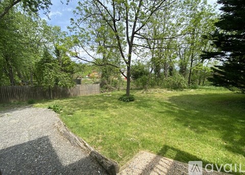 A backyard with a gravel path and a grassy area.