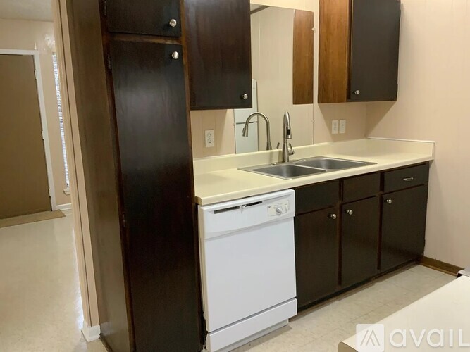 A kitchen with a white dishwasher and black cabinets.
