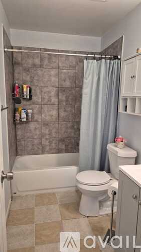A bathroom with a toilet, tub, and shower.