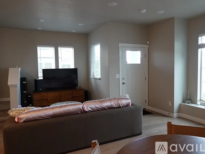 A living room with a brown couch and a television.