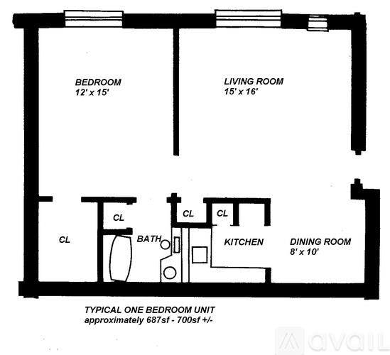 A black and white image of a typical one bedroom unit floor plan.