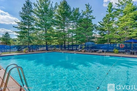 A swimming pool surrounded by trees and a clear sky.