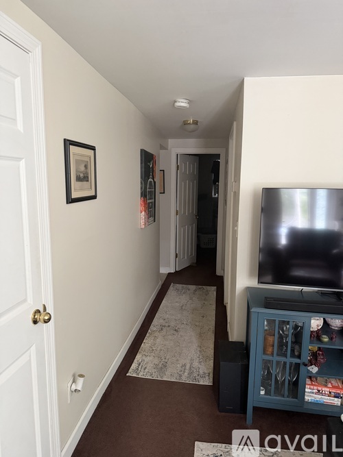 A hallway with a door on the left and a television on the right.