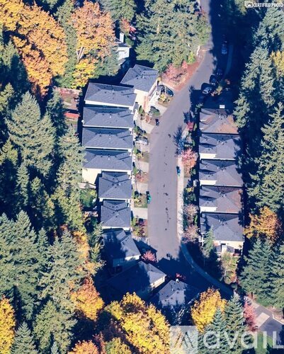 A bird's eye view of a residential area with houses and trees.