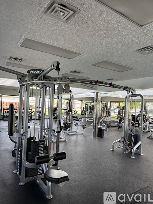 A gym with a variety of equipment including a Hoist machine.