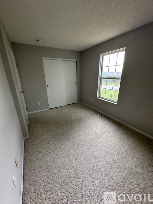 A room with a carpeted floor, a white door, and a window with a view of a grassy field.