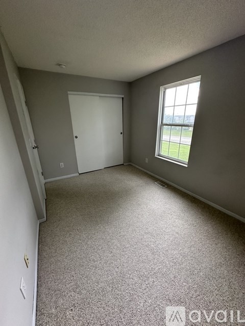 A room with a carpeted floor, a white door, and a window with a view of a grassy field.