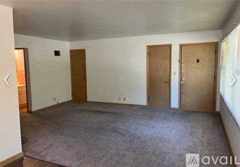 A room with a carpeted floor and three doors.
