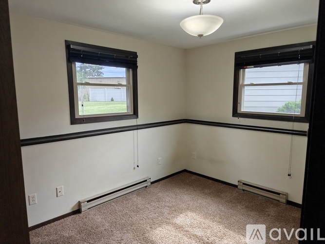 A room with a carpeted floor, two windows, and a ceiling light fixture.