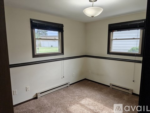 A room with a carpeted floor, two windows, and a ceiling light fixture.