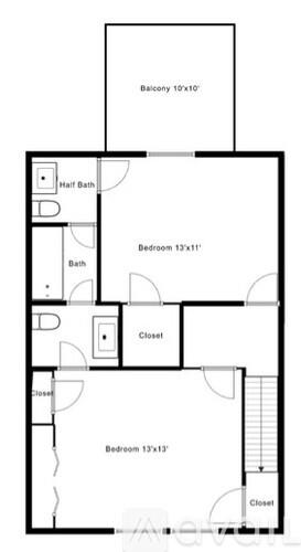 A floor plan of a house with two bedrooms, a bathroom, and a closet.