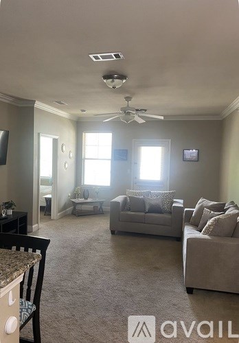 A living room with a couch, a chair, and a ceiling fan.