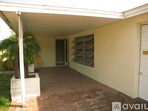 A patio area with a palm tree and a white door.