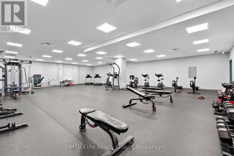 A gym with a variety of equipment including treadmills, weights, and exercise machines.