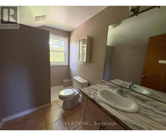 A bathroom with a toilet, sink, and mirror.