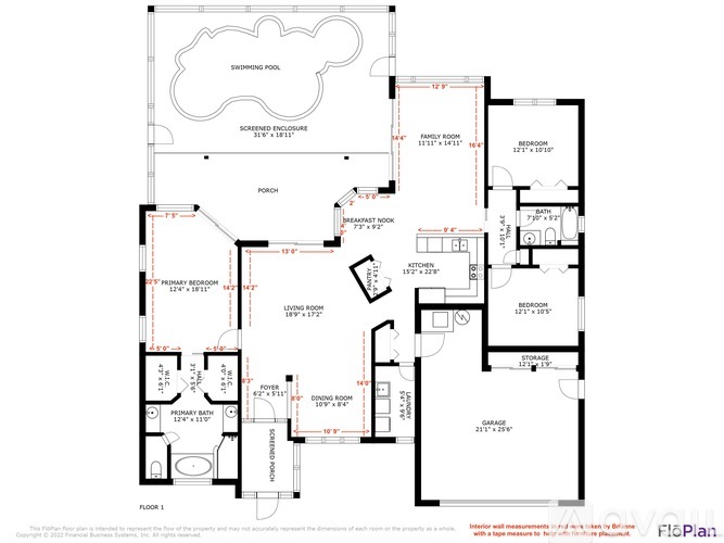 A floor plan of a house with a pool and various labeled rooms.